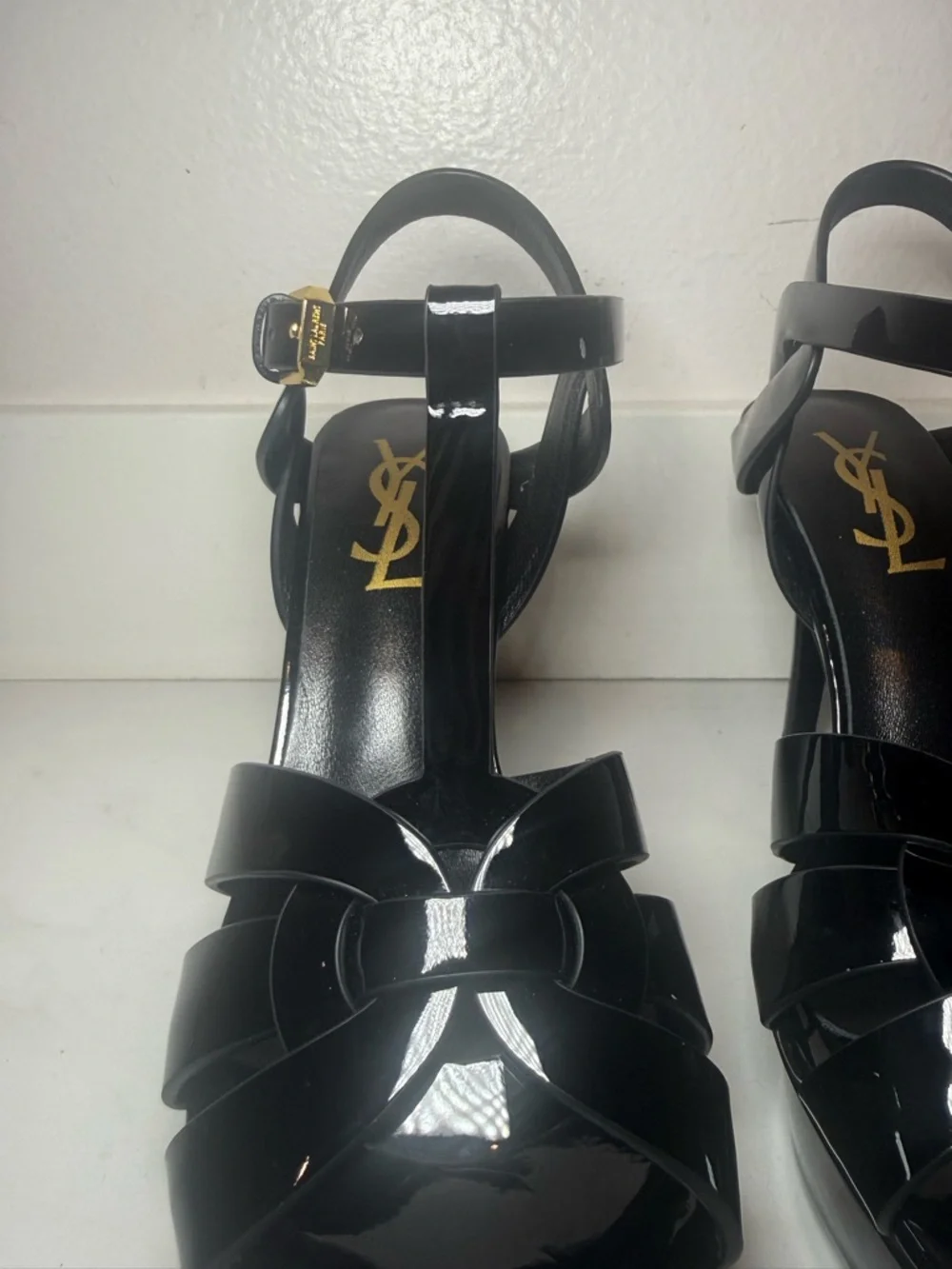 Yves Saint Laurent Black Patent Leather T-Strap Platform Heels with Gold Buckle - Picture 6 of 9